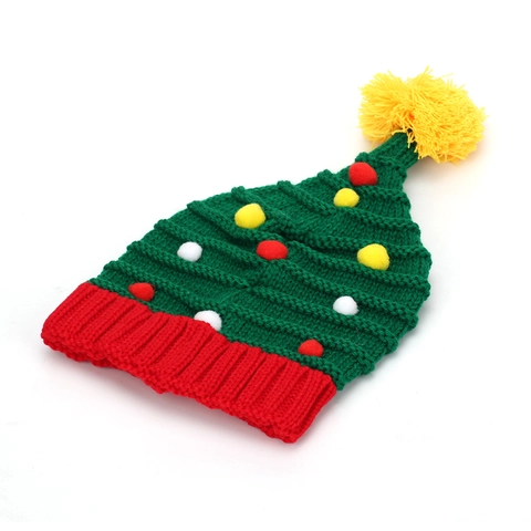 Christmas Tree Shape Knitted Beanie Hat Acrylic Warm Winter Holiday Party Decor Colorful Pom Pom Top Decoration