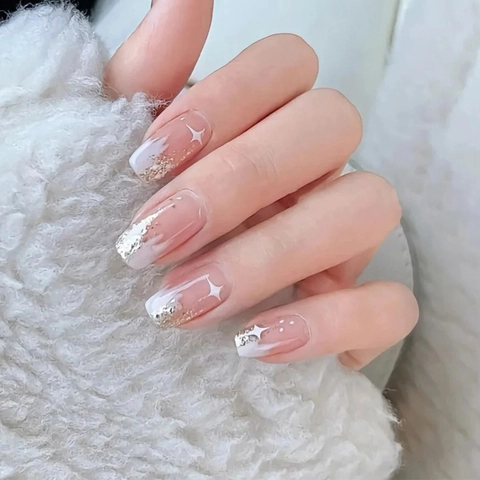 Press On Nails French Gradient Milky White Champagne Gold Glitter Star Pattern Artificial Fingernails Elegant Sweet Style For Women