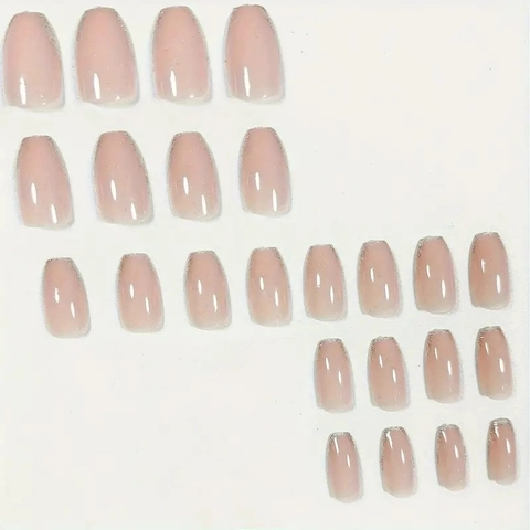 French Style Press On Nails Nude Pink Glossy Silver Glitter Gradient Short Coffin Artificial Fingernails For Women