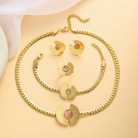 Stainless Steel Necklace Bracelet Earrings Ring Gold Plated Radial Texture Fan Shape Jewelry Artificial Pearl Cat Eye Stone Women