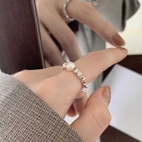 Anello Con Perla Artificial In Argento Sterling 925 Per Donna Fascia Segmentata Geometrica Regolabile Stile Coreano Minimalista Gioielli