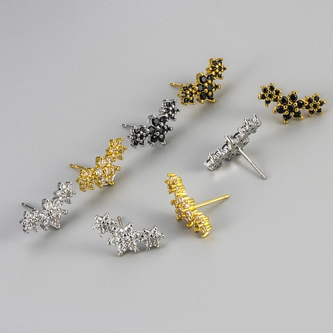 Pendientes de Botón de Cobre con Tres Flores Elegantes y Micro Pavé de Strass para Mujer Joyería de Moda Diaria Banquete