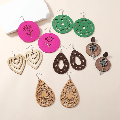 Pendientes Colgantes De Madera Geométricos Vintage Calados Redondos Corazón Joyas Bohemias Étnicas Para Mujer