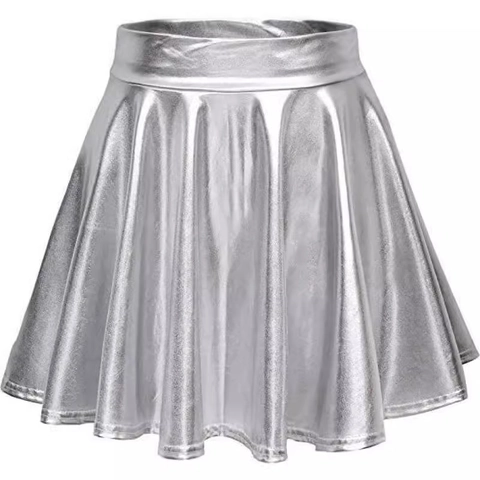 Damen Glänzende Metallic Plissee Minirock Hohe Taille PU-Leder A-Linie Rock Für Sexy Bühnenperformance Party Club Skater Rock