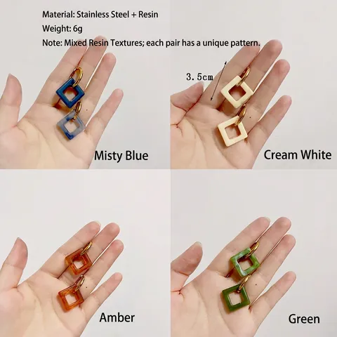 Square Dangle Earrings Stainless Steel Resin Geometric French Retro Vintage Gold Plated Jewelry For Women
