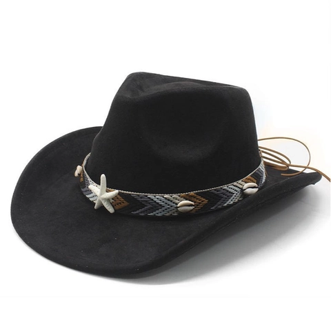 Sombrero De Vaquero Occidental Gamuza Poliéster Con Banda Tejida Étnica Decoración Estrella De Mar Concha Estilo Bohemio