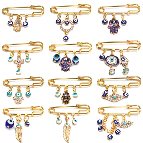 Spilla Vintage in Lega Dorata Con Occhio del Diavolo e Mano di Fatima Strass per Donna Uomo Gioielli Etnici Bohemien Regalo