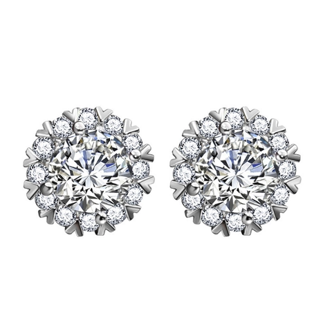 Round Halo Stud Earrings Copper Cubic Zirconia Snowflake Shape Elegant Banquet Wedding Jewelry For Women