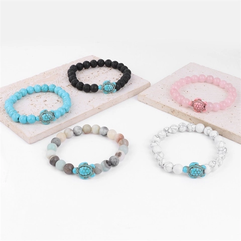 Bracciale Di Perline In Pietra Naturale Con Ciondolo Tartaruga Marina Cordino Elastico Gioielli Spiaggia Uomo Donna Boho