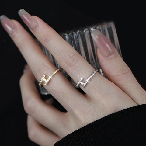 H Shape Copper Open Ring With Cubic Zirconia Gold Plated Simple Fashion Adjustable Finger Jewelry For Women