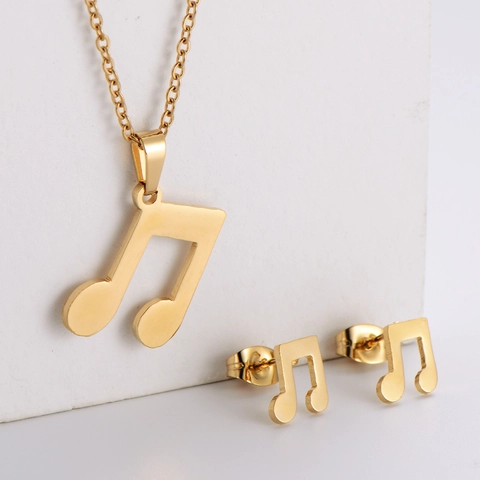 Music Note Necklace And Stud Earrings 18K Gold Plated 316L Stainless Steel Eighth Note Pendant For Women Jewelry Gift
