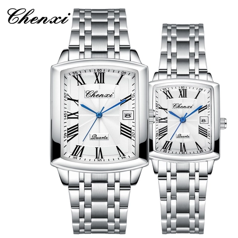 Chenxi Luxury Couple Quartz Watch Square Dial Stainless Steel Strap Waterproof Luminous Date Wristwatch For Men Women