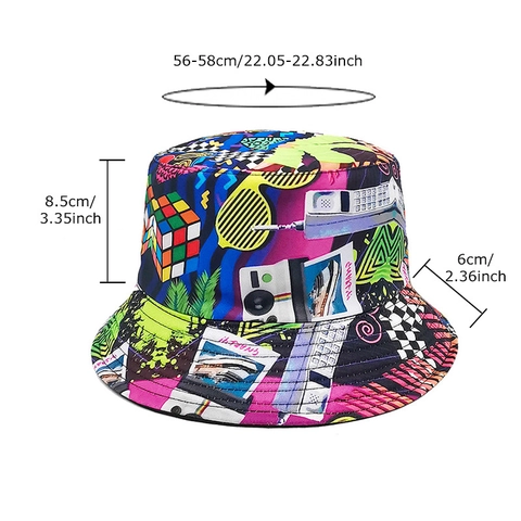 Retro 80s 90s Printed Bucket Hat Reversible Polyester Sun Protection Outdoor Travel Pop Art Graffiti For Unisex