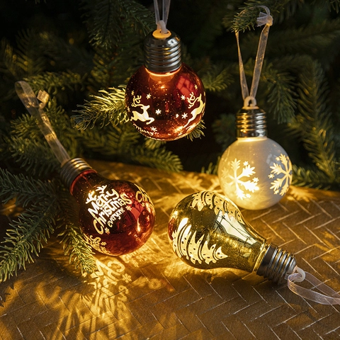 Christmas LED Light Bulb Hanging Ornaments Electroplated Plastic Glow Decorative Xmas Tree Pendant With Reindeer Santa Patterns
