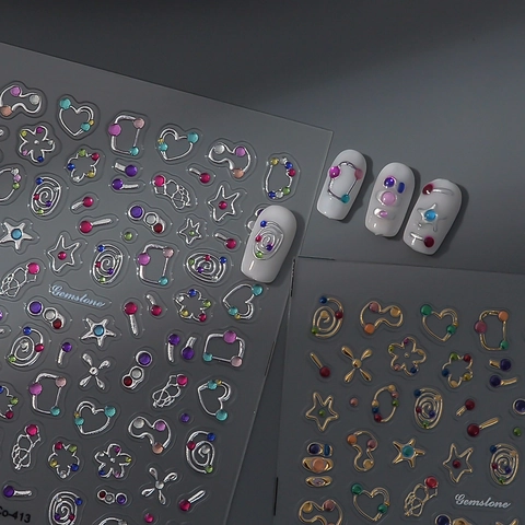 Nagelsticker 3D Geprägt Edelstein Design Selbstklebend Bunte Strasssteine Stern Herz Blumen Muster Abziehbilder