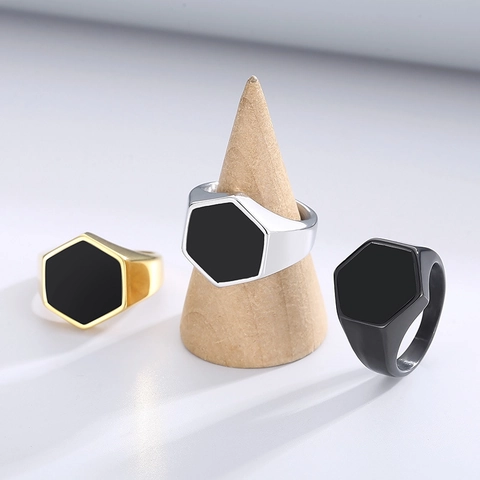 Anillo De Sello Hexagonal Para Hombre De Acero Inoxidable Esmalte Negro Estilo Hip Hop Geométrico Joyería De Moda
