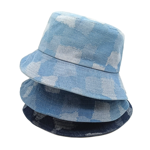 Vintage Denim Vissershoed Geblokt Jacquard Katoen Patchwork Zonbescherming Casual Outdoor Pet Voor Heren Dames
