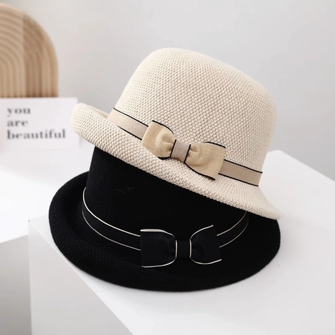 Women Knit Straw Bucket Hat Bowknot Ribbon Sun Protection Breathable Rolled Brim Summer Beach Cloche Hat