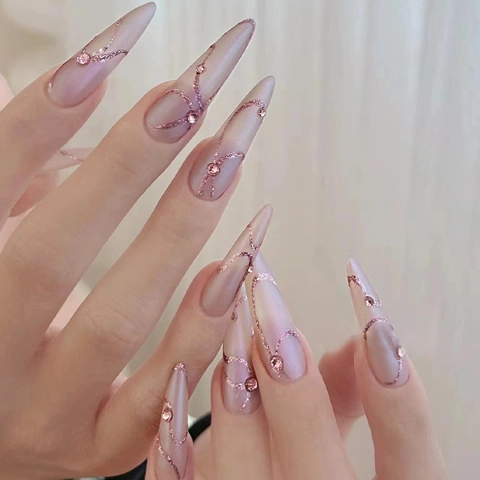 Faux Ongles Rose Nude Longue Forme Amande Ongles Artificiels Avec Strass Paillettes Motif Vague Irrégulière Élégant DIY