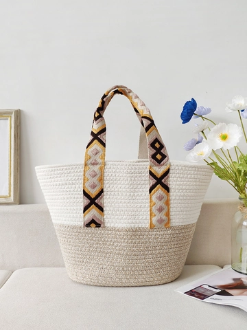 Handmade Woven Cotton Rope Tote Bag Large Capacity Bohemian Beach Shoulder Bag With Patterned Webbing Straps