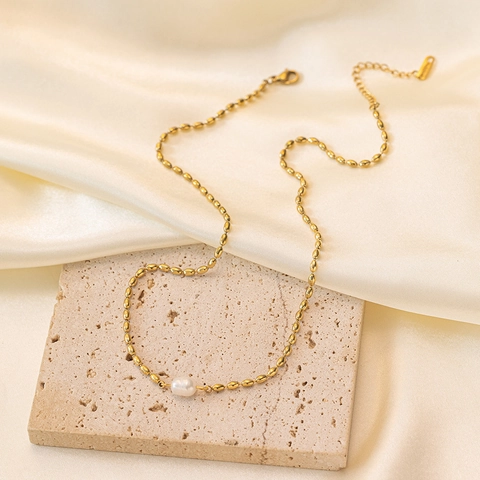 Collana E Bracciale In Acciaio Al Titanio Con Perla de Agua Dulce Naturale D Acqua Dolce Catena A Grani Dorati Gioielli Da Donna