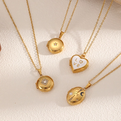 Roestvrijstalen Medaillon Ketting Goud Verguld Hart Ster Maan Hemels Open Fotoframe Emaille Vintage Sieraden Vrouwen
