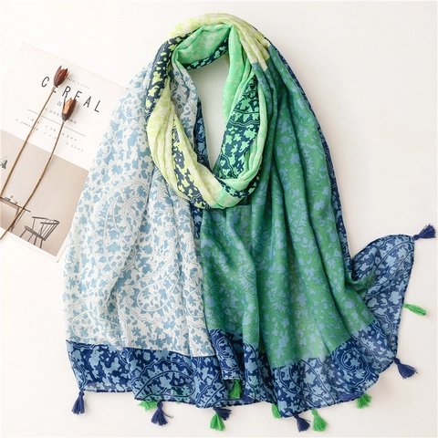 Women Scarf Shawl Polyester Voile Lightweight Tassels Floral Paisley Print Sun Protection Breathable Boho Style Wrap