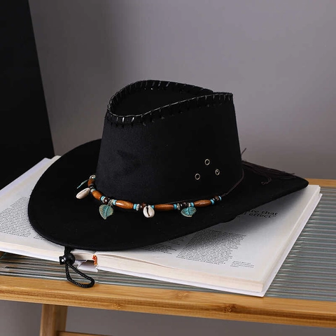 Western Cowboy Hat Faux Suede With Beaded Shell Leaf Decor Bohemian Retro Style For Men Women Outdoor