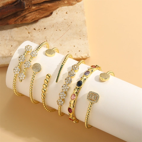 Luxury Copper Zirconia Opening Bangle Bracelet For Women Vintage Gold Plated Beaded Design Cuff Bracelet Fashion Jewelry