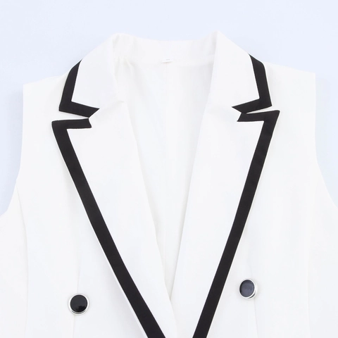 Women Contrast Color Sleeveless Vest And Shorts Professional Double Breasted Waistcoat Elegant Office Wear Polyester White