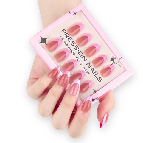 Rosa French Tip Kunstnägel Zum Aufkleben Mandelform Einfach Elegant Künstliche Fingernägel Maniküre Für Frauen Täglich