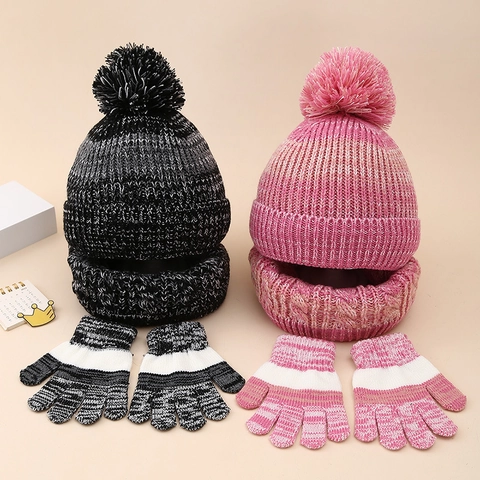 Set Invernale Cappello Sciarpa Guanti Maglia Bambini Acrilico Foderato In Pile Caldo Trecce Con Pompon Ragazzi Ragazze