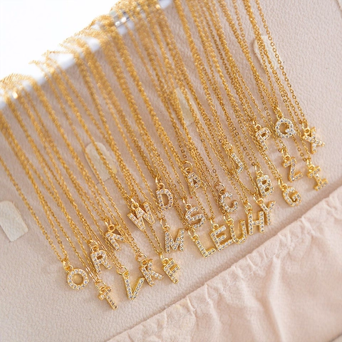 Women Initial Letter Necklace Gold Plated Copper Zirconia Inlaid Alphabet A-Z Pendant Minimalist Fashion Jewelry