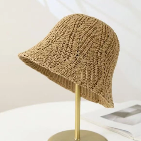 Women Knitted Bucket Hat Hollow Out Twist Pattern Japanese Style Breathable Sunshade Foldable Fisherman Cap Casual