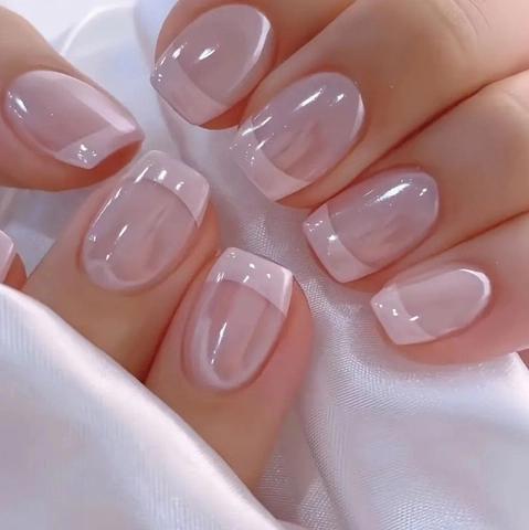 Unghie Finte French Manicure Corte Quadrate Rosa Lucide Per Donna Uso Quotidiano Copertura Completa Manicure Artificiale