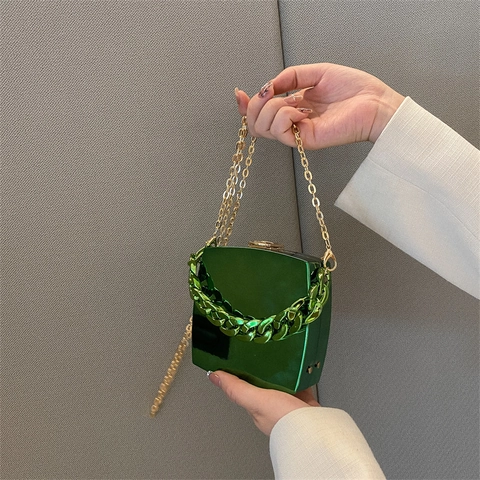 Mini Bolso Bandolera Cuadrado Carcasa Rígida Metálica Clutch De Noche Con Cadena Gruesa Correas De Hombro Dobles Para Mujer