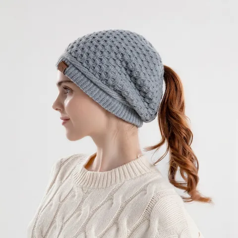Women Winter Warm Knitted Beanie Hat Soft Acrylic Ponytail Hole Beanie Outdoor Cuffed Cable Knit Sport Ponytail Beanie