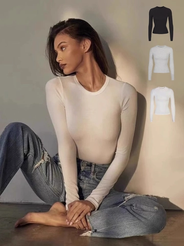 Women Slim Fit T-Shirt Modal Cotton Ribbed Knit Long Sleeve Round Neck Solid Color Casual Top Baselayer