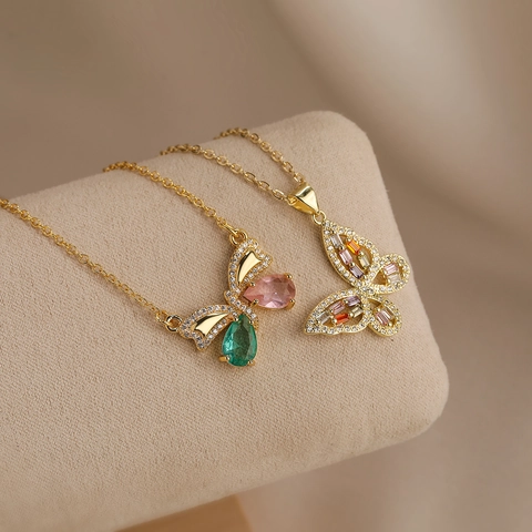 Butterfly Pendant Necklace Exquisite Colorful Zircon Copper 18K Gold Plated Fashion Jewelry For Women Niche Design