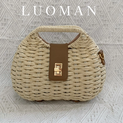 Damen Sommer Strand Stroh Schultertasche Handtasche Mit PU Lederklappe Und Drehverschluss Gewebte Urlaub Umhängetasche