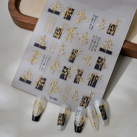 5D Chinese Style Bamboo Calligraphy Nail Art Stickers Waterproof Adhesive Retro Gold Silver Embossed Relief DIY Manicure Decor