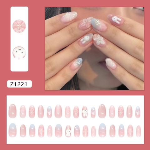 Handmade Press On Nails 3D Cat Eye Gradient Pink Blue With 3D Bunny Floral Decor And Artificial Pearls Sweet Cute Elegant For Women