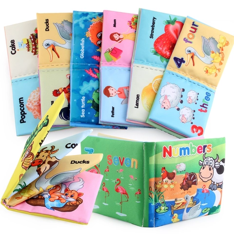 Libro in Stoffa per l'Educazione Precoce del Bambino in Cotone Morbido Antistrappo Lavabile Cartone Animato Animale Frutta Giocattolo per Neonati