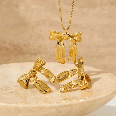 Edelstahl Schleife Halskette Und Ohrringe Schmuck Für Damen Süße Strukturierte Bogen Anhänger Accessoires Elegant