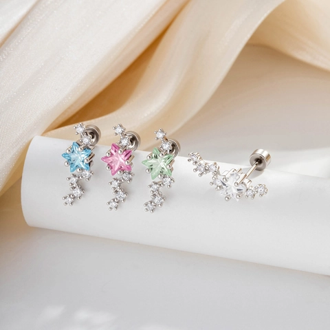 Sparkling Zircon Five Pointed Star Ear Cartilage Stud Titanium Steel Bar Helix Piercing Jewelry Flat Back Screw