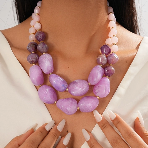 Layered Beaded Necklace Acrylic Resin Alloy Irregular Marble Texture Retro Exaggerated Sweater Chain Bohemian For Women