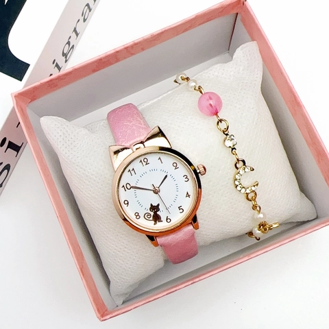 Cute Cat Ear Quartz Watch And Moon Star Charm Bracelet Faux Leather Strap Elegant Fashion Gift For Women Girls
