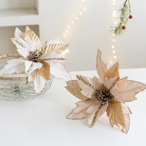 Artificial Christmas Poinsettia Flower Velvet Glitter Sequins Xmas Tree Decor Sparkling Holiday Home Ornament
