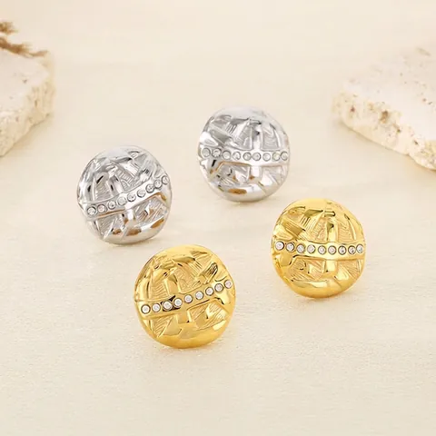 Pendientes De Botón Redondos De Acero Inoxidable Con Diamantes De Imitación Textura Plegada Irregular Estilo Lujo Francés Para Mujer