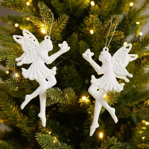 Christmas Tree Hanging Ornaments White Glitter Resin Decorative Angel Wings Snowflake High Heel Reindeer Owl Holiday Party